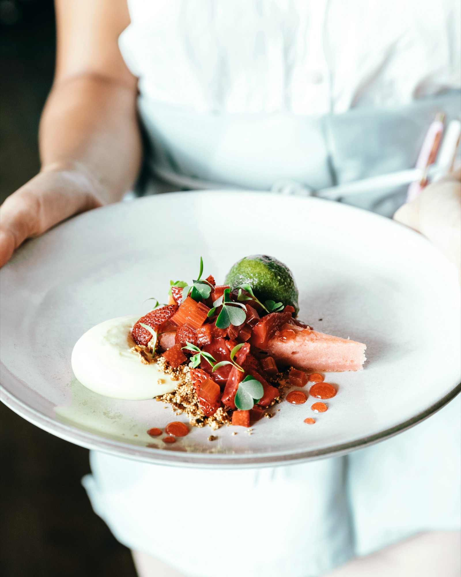 A server holding a plated dish of tomatoes, herbs and cream